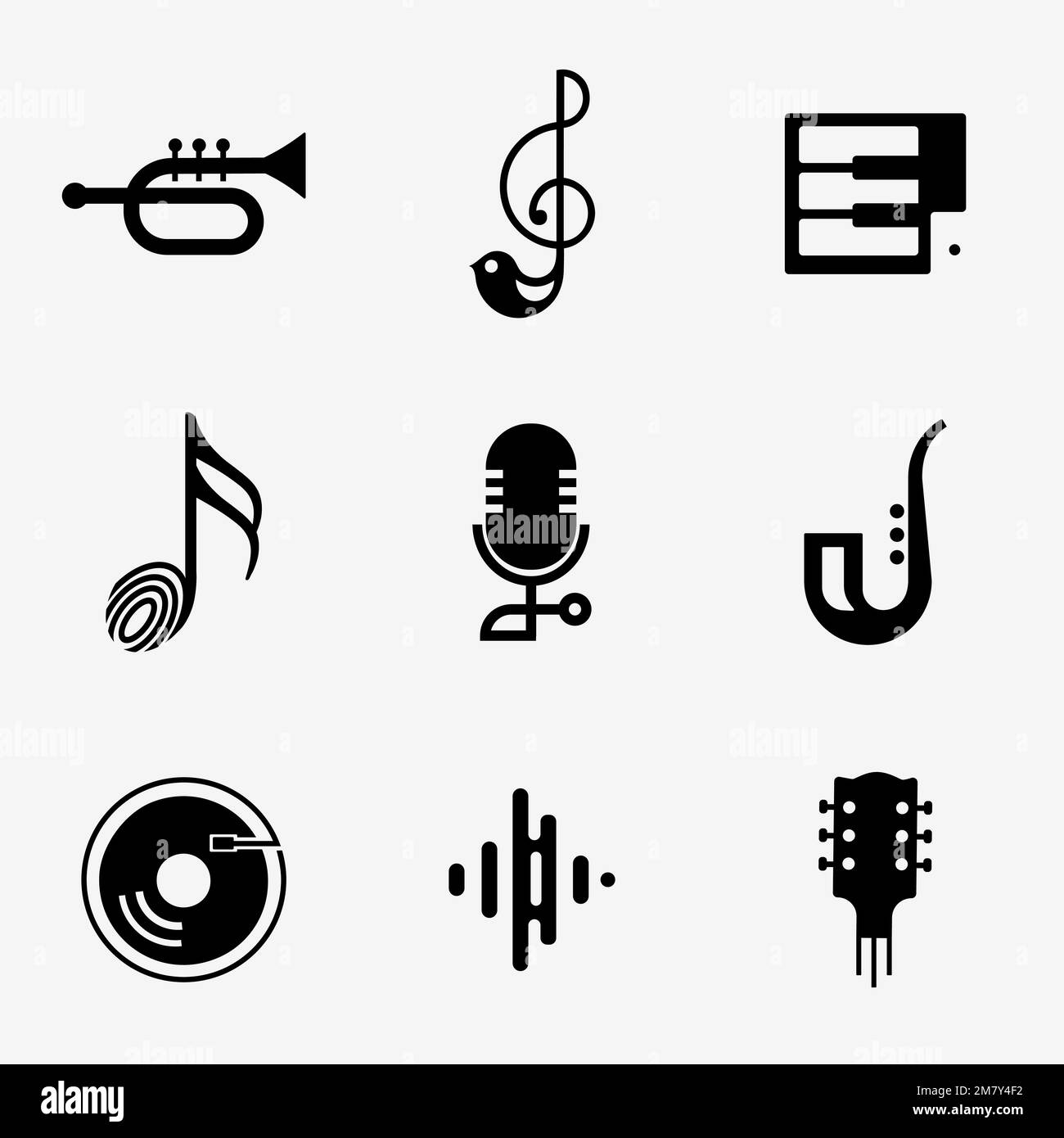 Design modificabile con icone vettoriali in formato flat music in bianco e nero Illustrazione Vettoriale