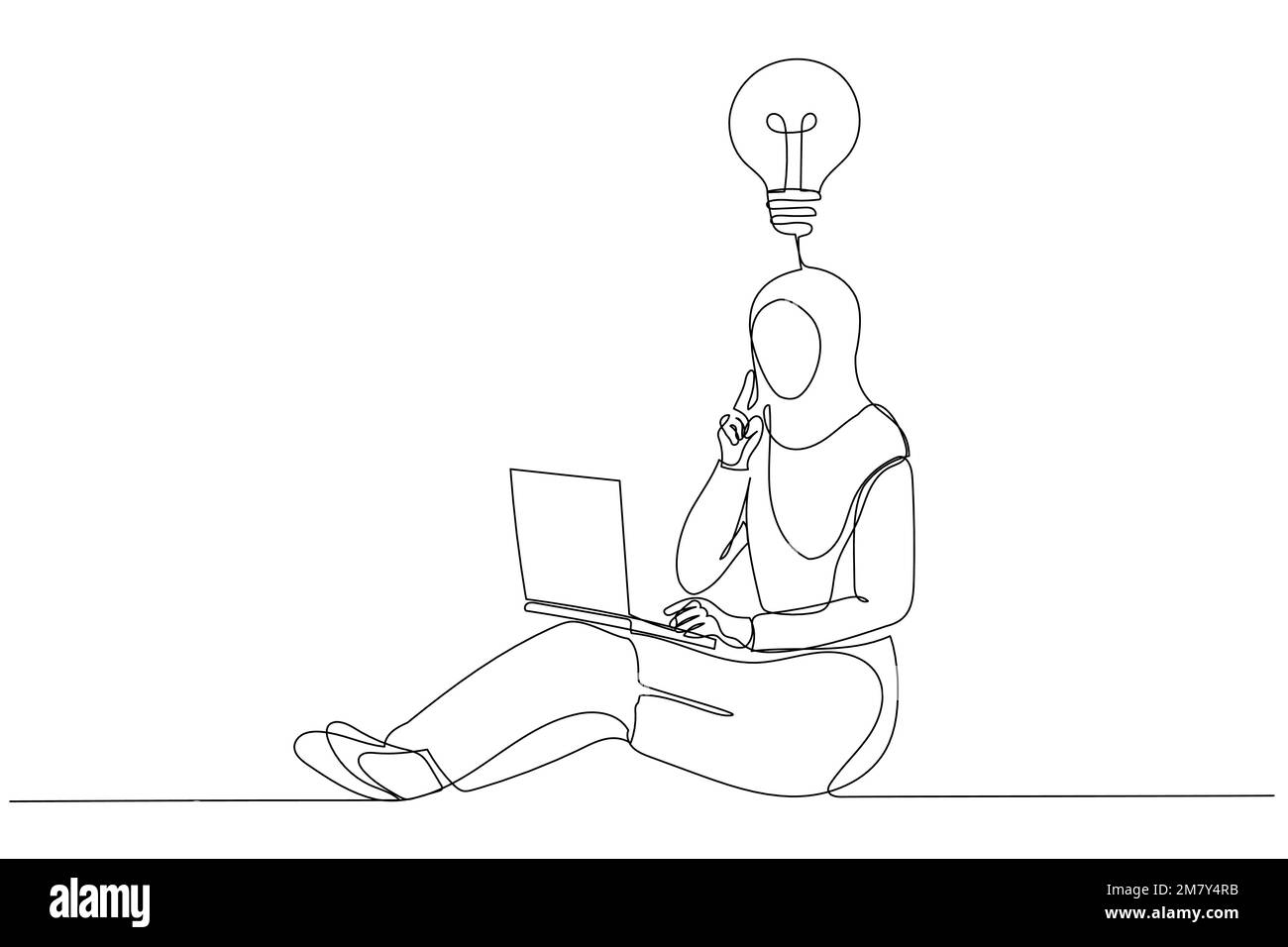 Il disegno di una giovane donna d'affari musulmana con il portatile ha un'idea. Design di stile artistico a linea singola Illustrazione Vettoriale