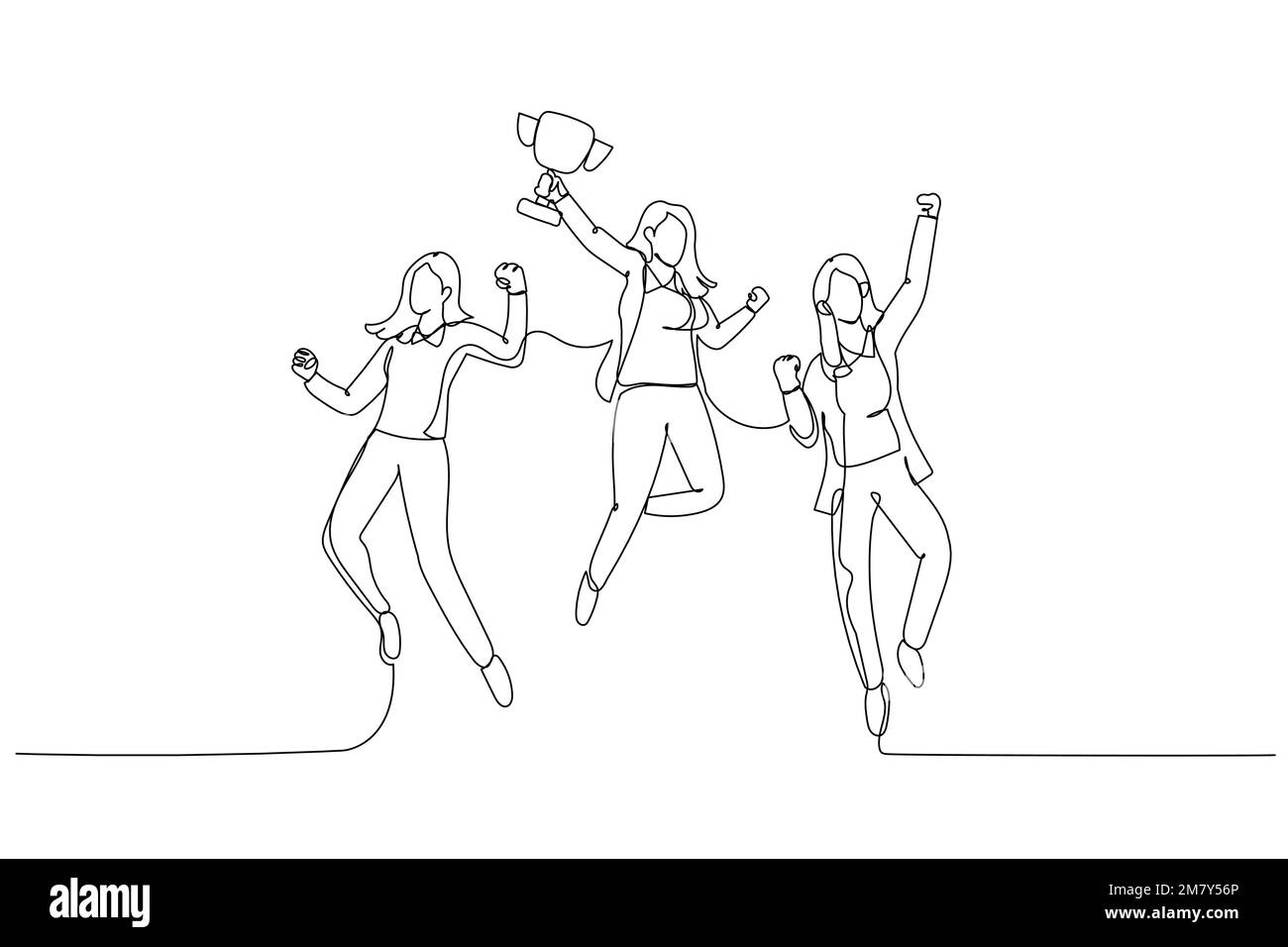 Cartone animato di businesswoman salta in aria con la coppa trofeo in mano ottenendo il riconoscimento. Design di stile artistico a linea singola Illustrazione Vettoriale