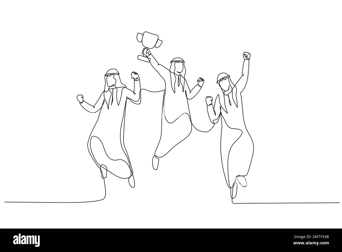 Disegno di un uomo d'affari arabo salta in aria con la coppa trofeo in mano ottenendo il riconoscimento. Design unico in stile artistico a linea continua Illustrazione Vettoriale