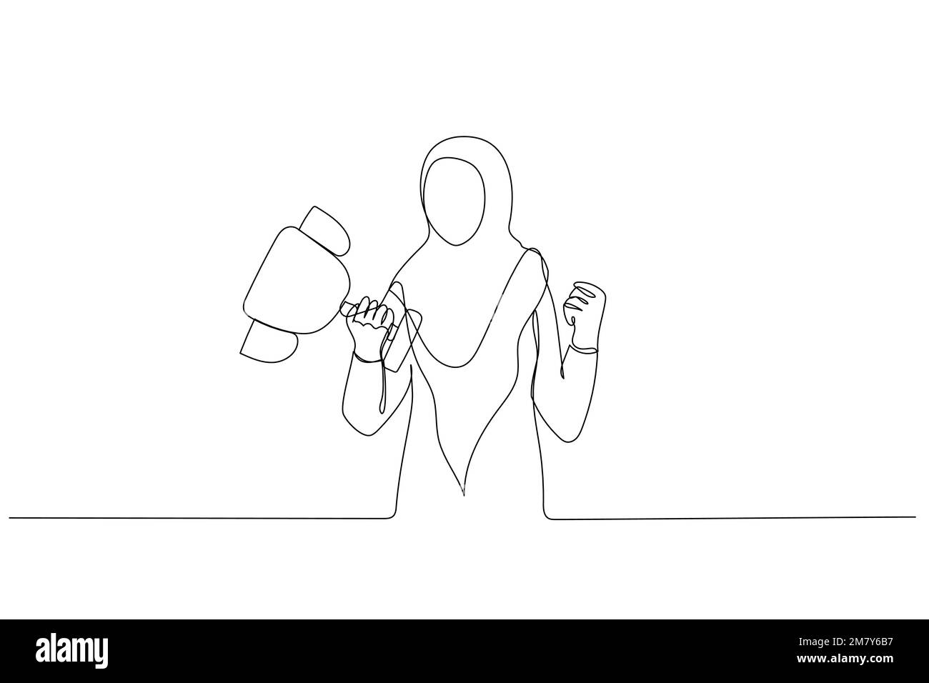 Disegno di una donna d'affari musulmana celebrare il successo tenendo il trofeo vincente. Design di stile artistico a linea singola Illustrazione Vettoriale