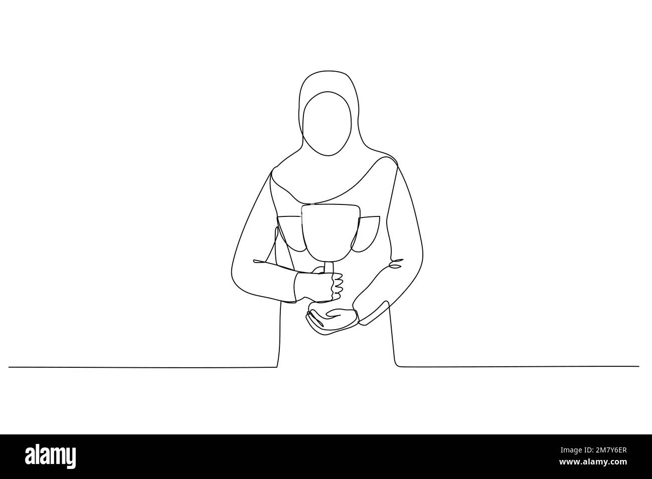 Disegno di una donna d'affari musulmana in piedi con trofeo in mano che si flette per il successo. Design di stile artistico a linea singola Illustrazione Vettoriale