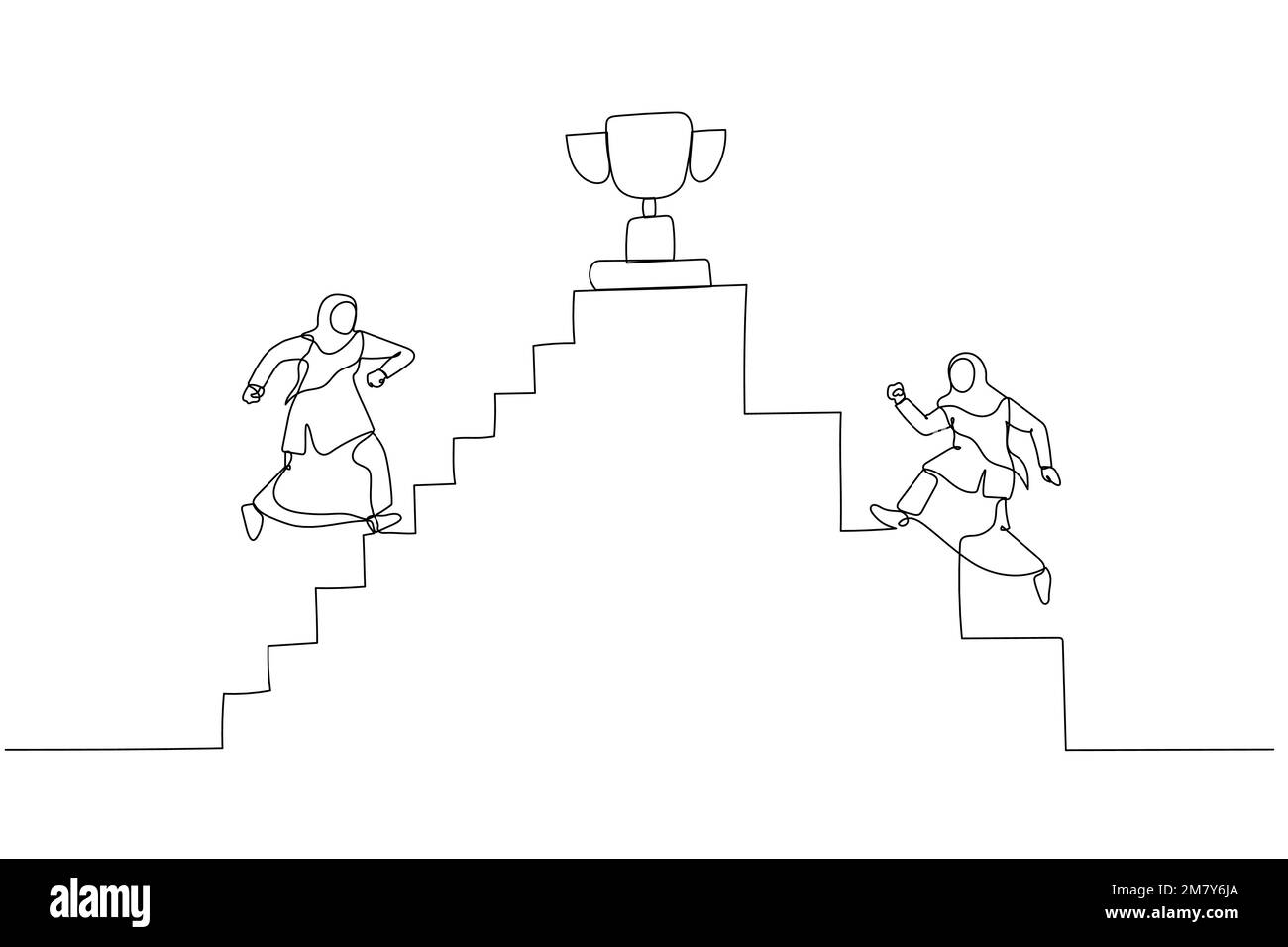 Disegno di una donna d'affari musulmana che sale le scale verso il trofeo in cima. Design in stile artistico a una linea Illustrazione Vettoriale
