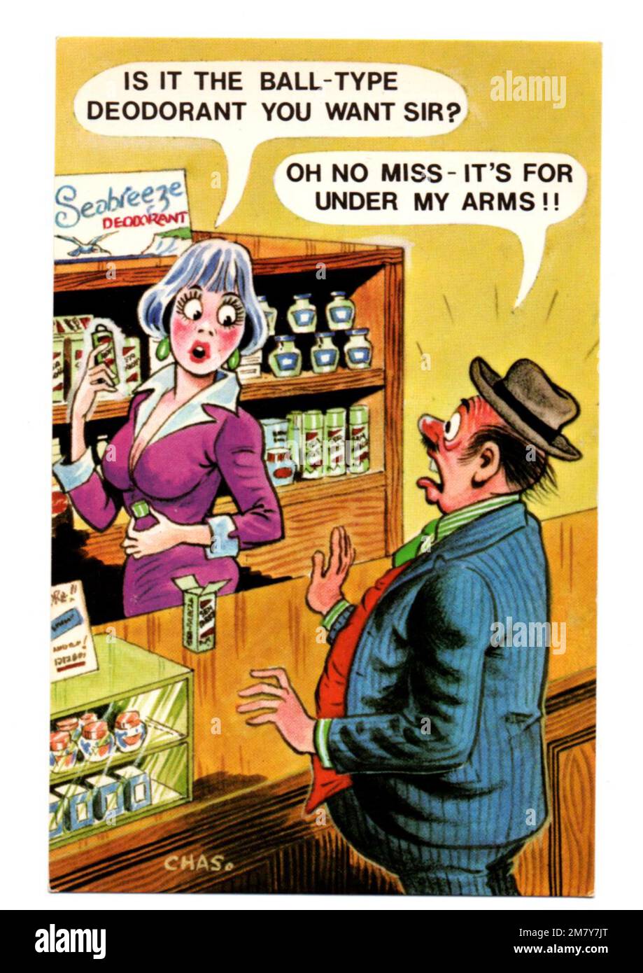 Vintage Bambforth Comic Postcard No 552 'e' il deodorante a sfera che vuoi Sir? L'umorismo britannico sul mare degli anni '60 dell'artista Chas Foto Stock