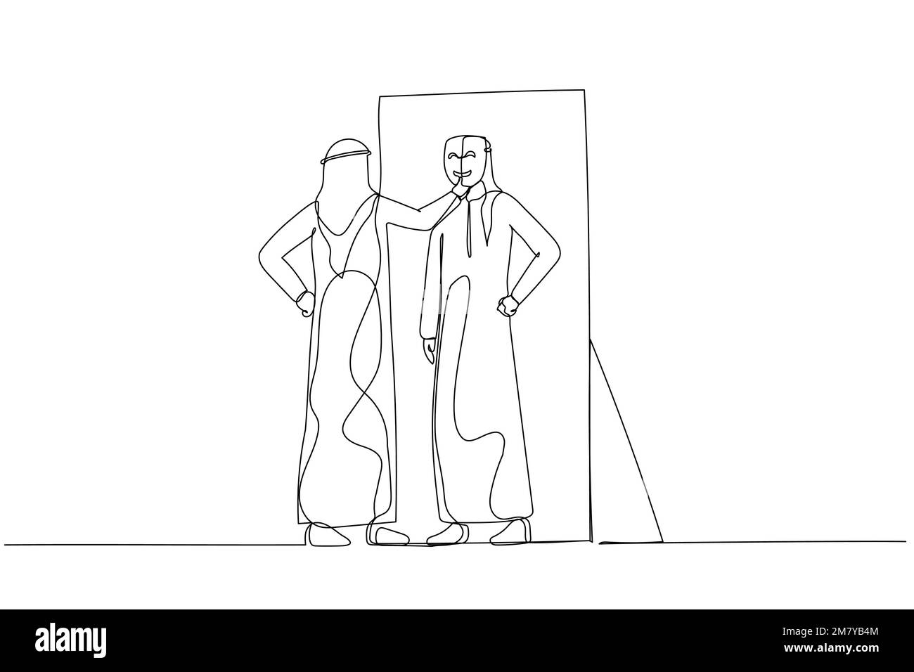 Disegno dell'uomo arabo che mette la maschera nel concetto di auto-riflessione della sindrome dell'impostor. Design a linea continua singola Illustrazione Vettoriale