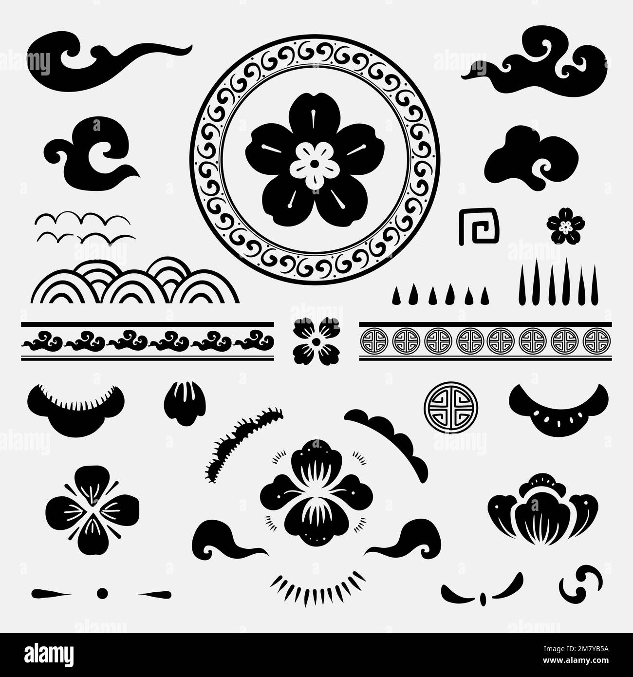 Set di tatuaggi temporanei vettoriali di fiori tradizionali cinesi neri Illustrazione Vettoriale