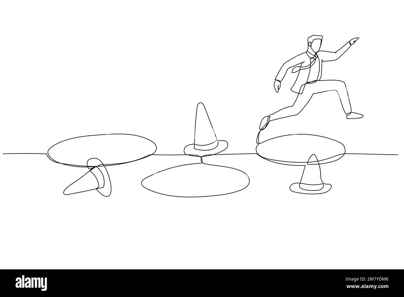 Disegno di uomo d'affari salto passare molte insidie per raggiungere la metafora di evitare le avversità. Design unico in stile artistico a linea continua Illustrazione Vettoriale