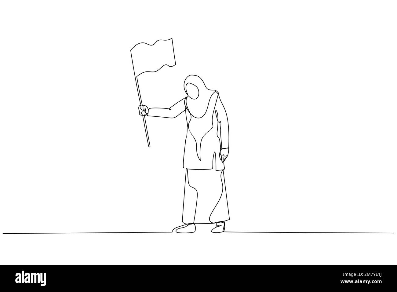 Disegno della donna musulmana triste imprenditrice che sventola la metafora bianca della bandiera della resa e della rinuncia. Design a linea continua Illustrazione Vettoriale