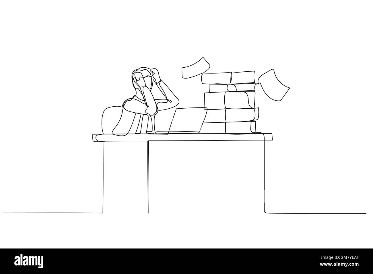 Illustrazione di un uomo d'affari frustated seduta sul concetto di scrivania occupato ufficio di sopraffatti. Design a linea continua singola Illustrazione Vettoriale
