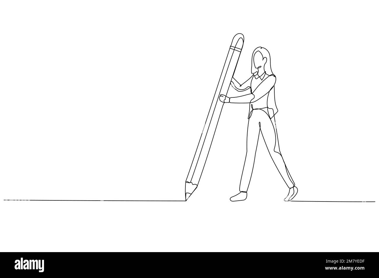 Illustrazione della donna d'affari che tiene la matita grande che disegna il concetto di linea di confine di segretezza. Design unico in stile artistico a linea continua Illustrazione Vettoriale