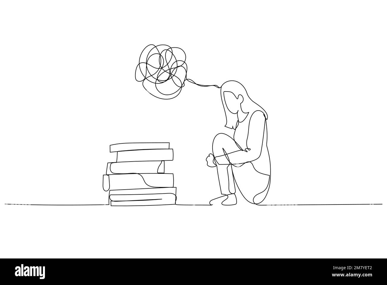 Illustrazione di una donna d'affari in uno stato di depressione concetto confuso di salute mentale. Design a linea continua Illustrazione Vettoriale