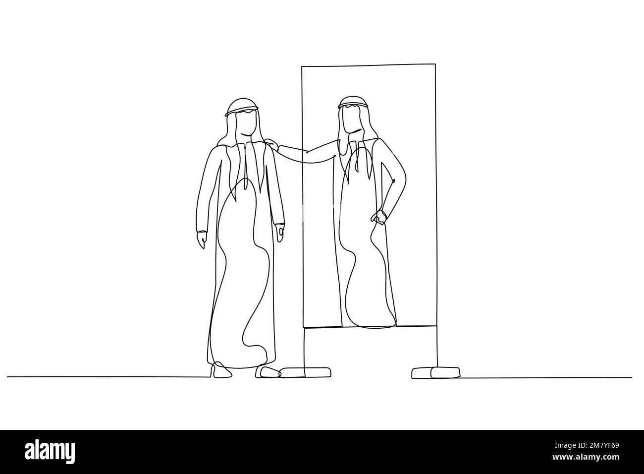 Cartone animato dell'uomo arabo che guarda nello specchio abbracci il concetto di auto-stima cura di sé. Design unico in stile artistico a linea continua Illustrazione Vettoriale