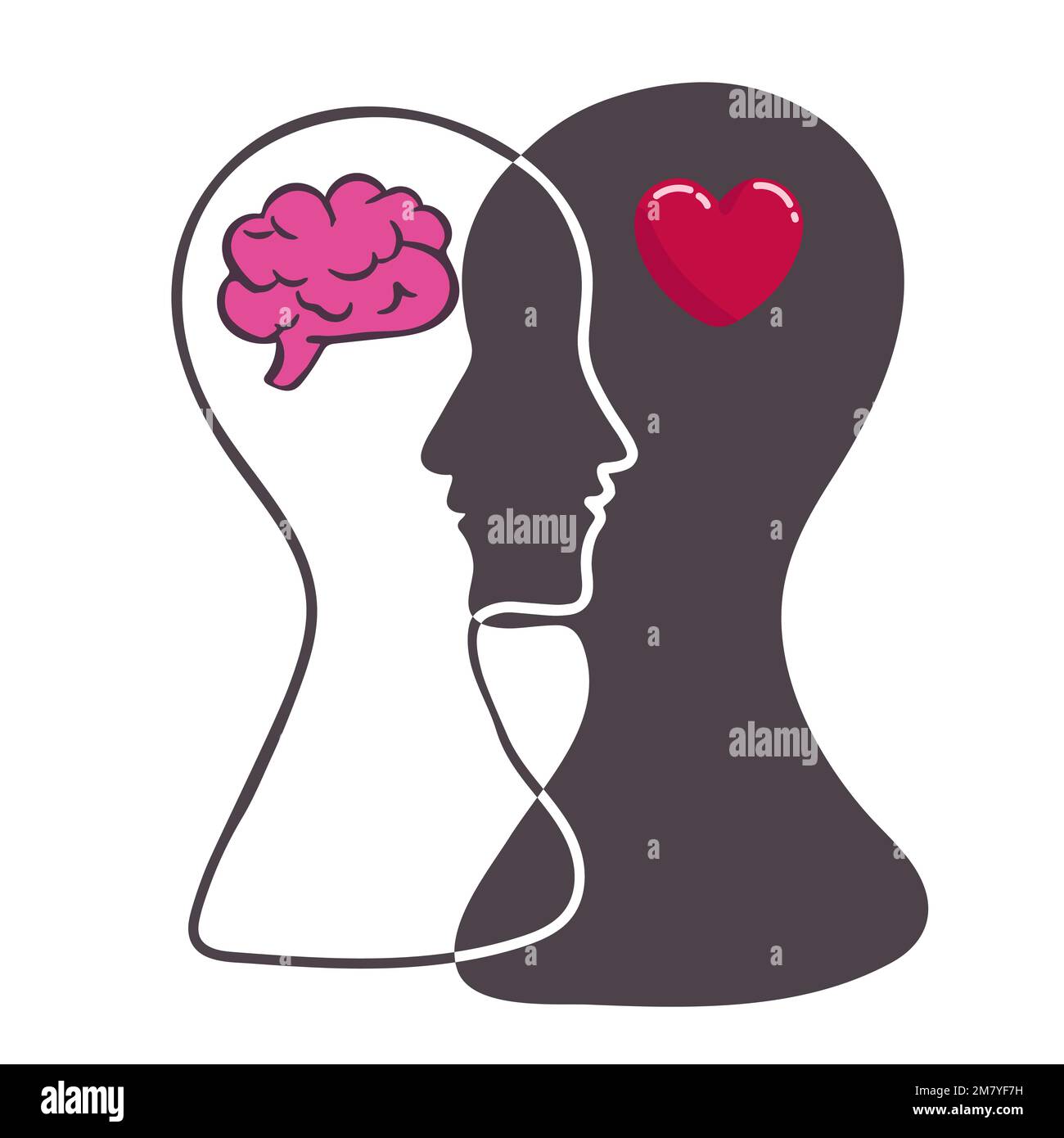 Concetto di cuore e cervello, conflitto tra emozioni e pensiero razionale, lavoro di squadra e equilibrio tra anima e intelligenza. Logo vettoriale o icona desi Illustrazione Vettoriale