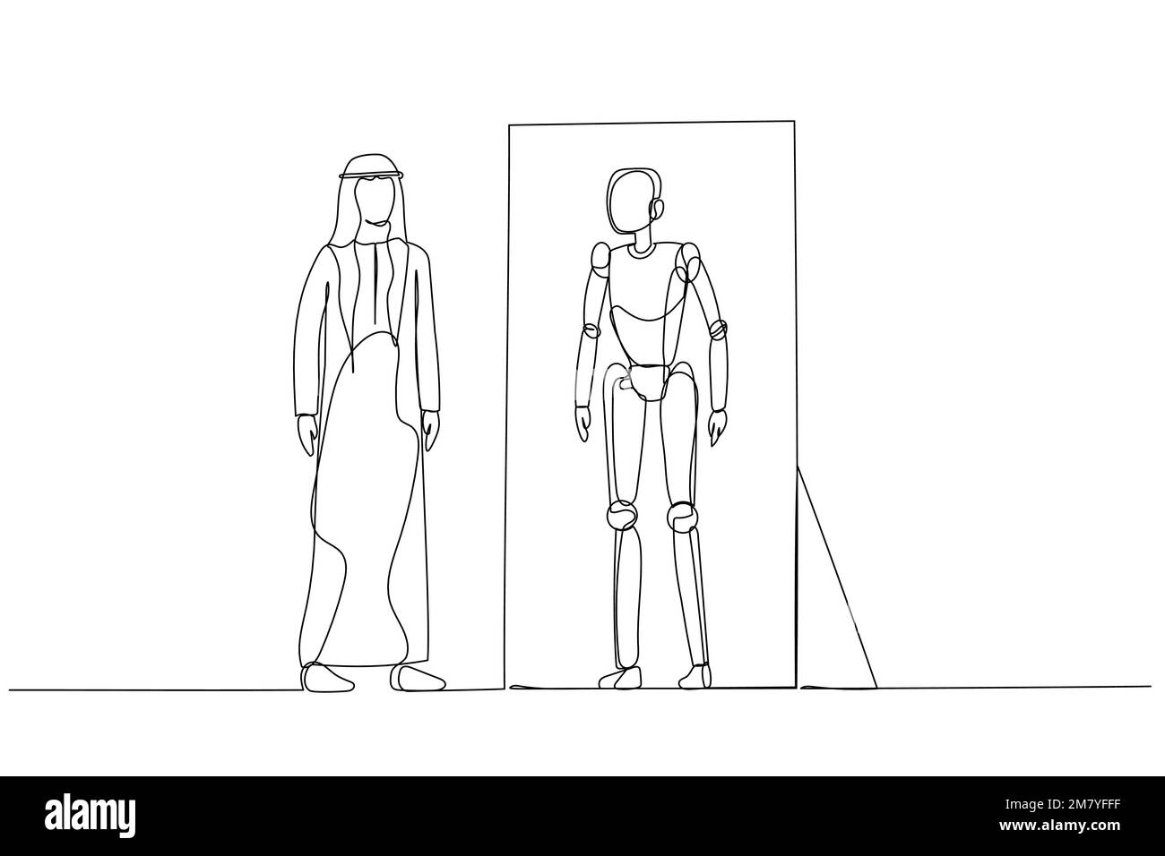 Cartone animato di un uomo arabo che guarda in specchio e vede la versione robot del concetto di sé dell'intelligenza artificiale. Design di stile artistico a linea continua Illustrazione Vettoriale
