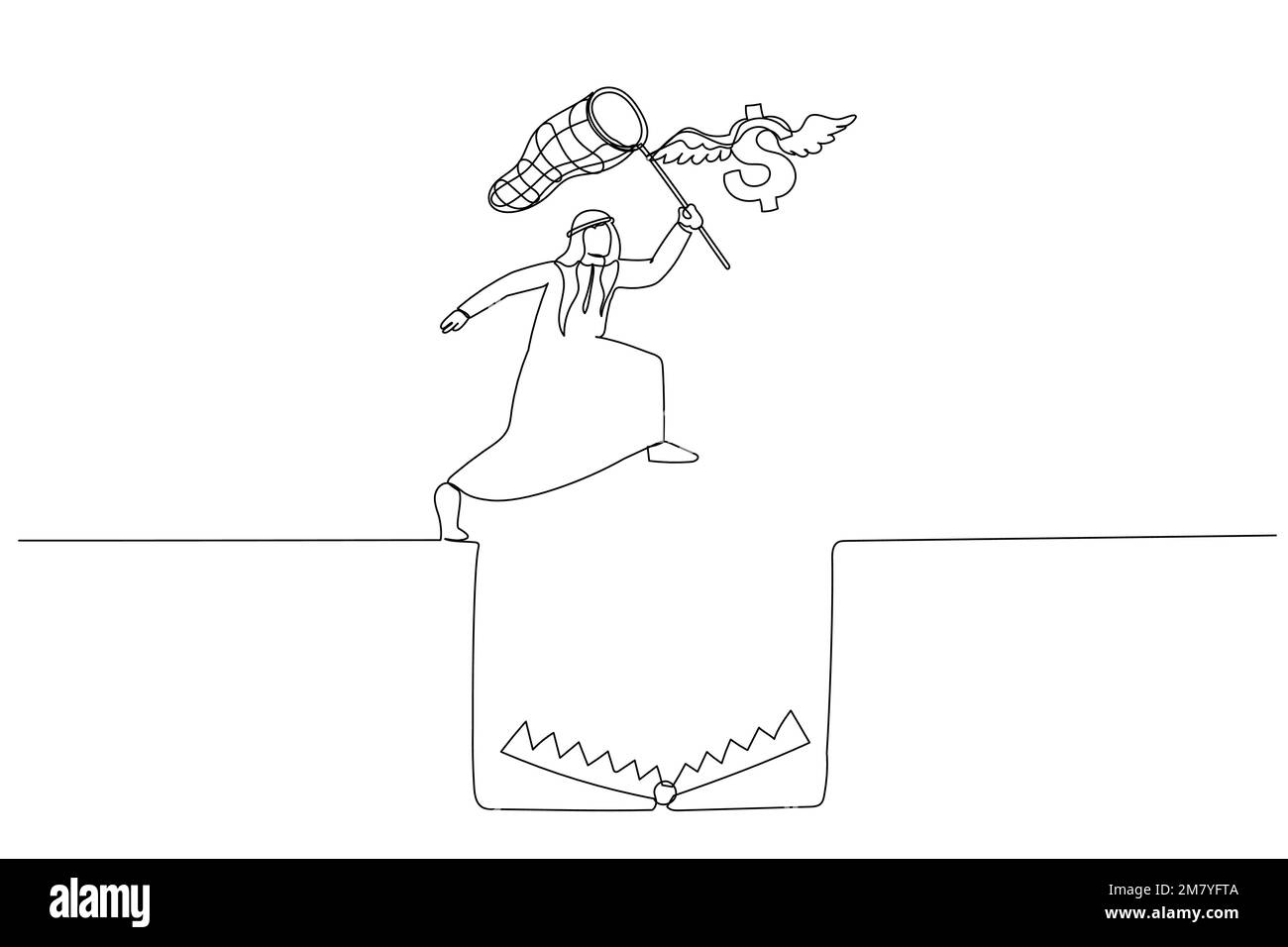 Disegno dell'uomo arabo provi a prendere il salto volante del dollaro sopra il foro della trappola. Design a linea continua singola Illustrazione Vettoriale