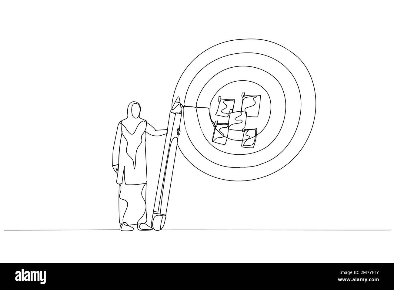 Illustrazione della donna musulmana scrivere obiettivo sulle note e mettere su grande dartboard concetto di impostazione del bersaglio. Design di stile artistico a linea continua Illustrazione Vettoriale
