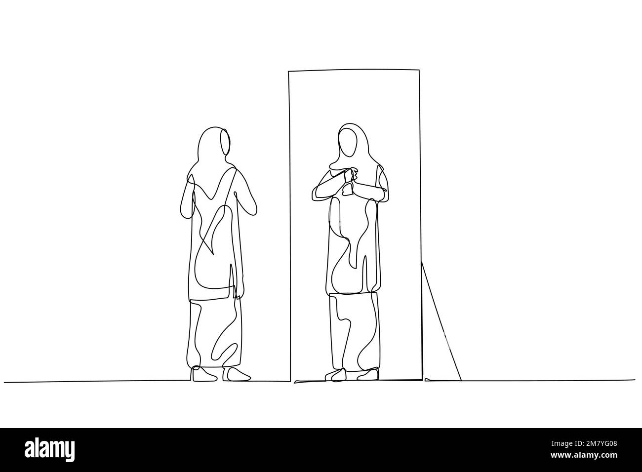 Disegno di donna indossare hijab prepararsi al lavoro. Design in stile artistico a una linea Illustrazione Vettoriale