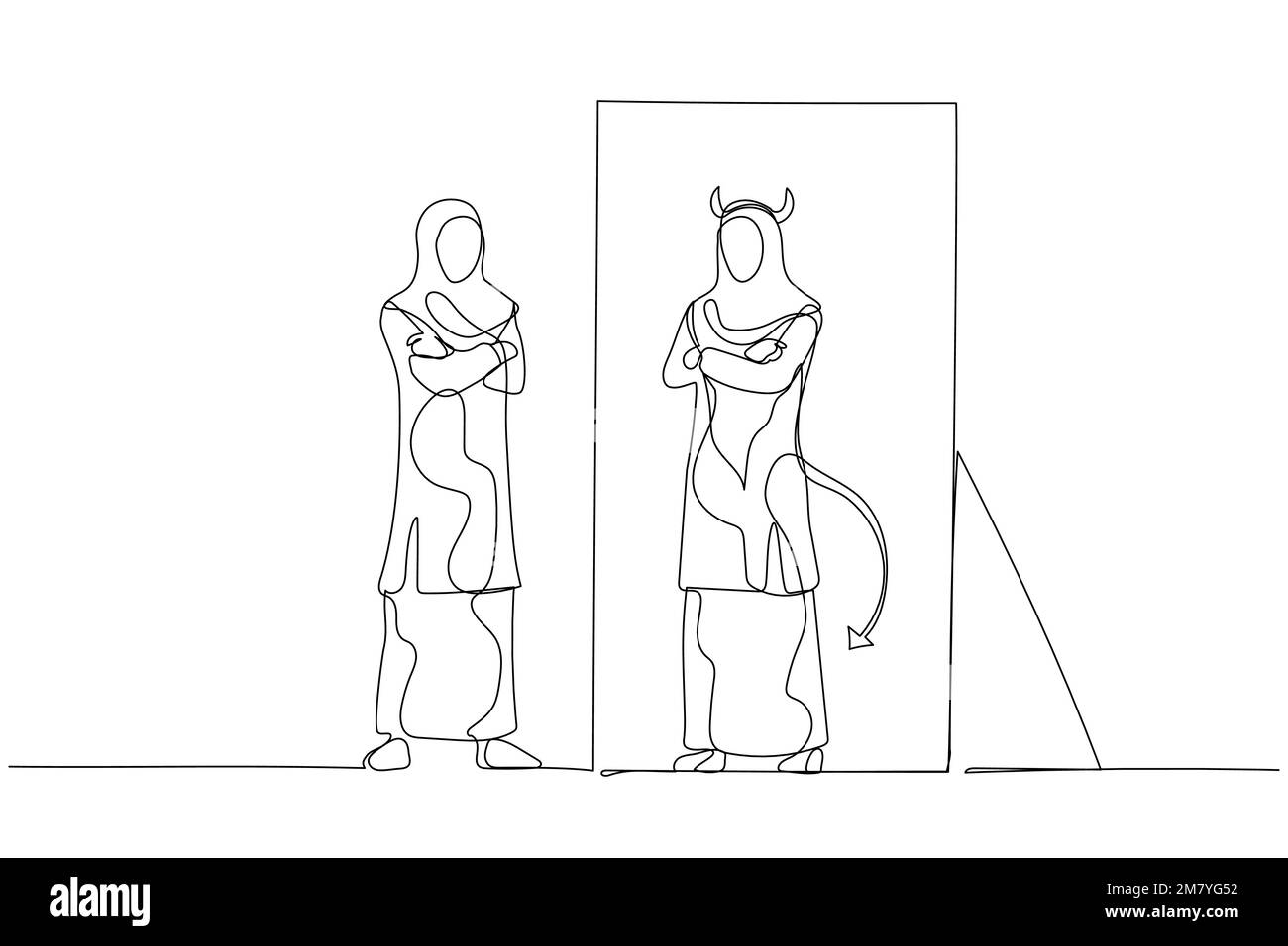 Illustrazione di donna indossare hijab guardando nel demone interno concetto diavolo di doppia personalità. Design a linea continua Illustrazione Vettoriale