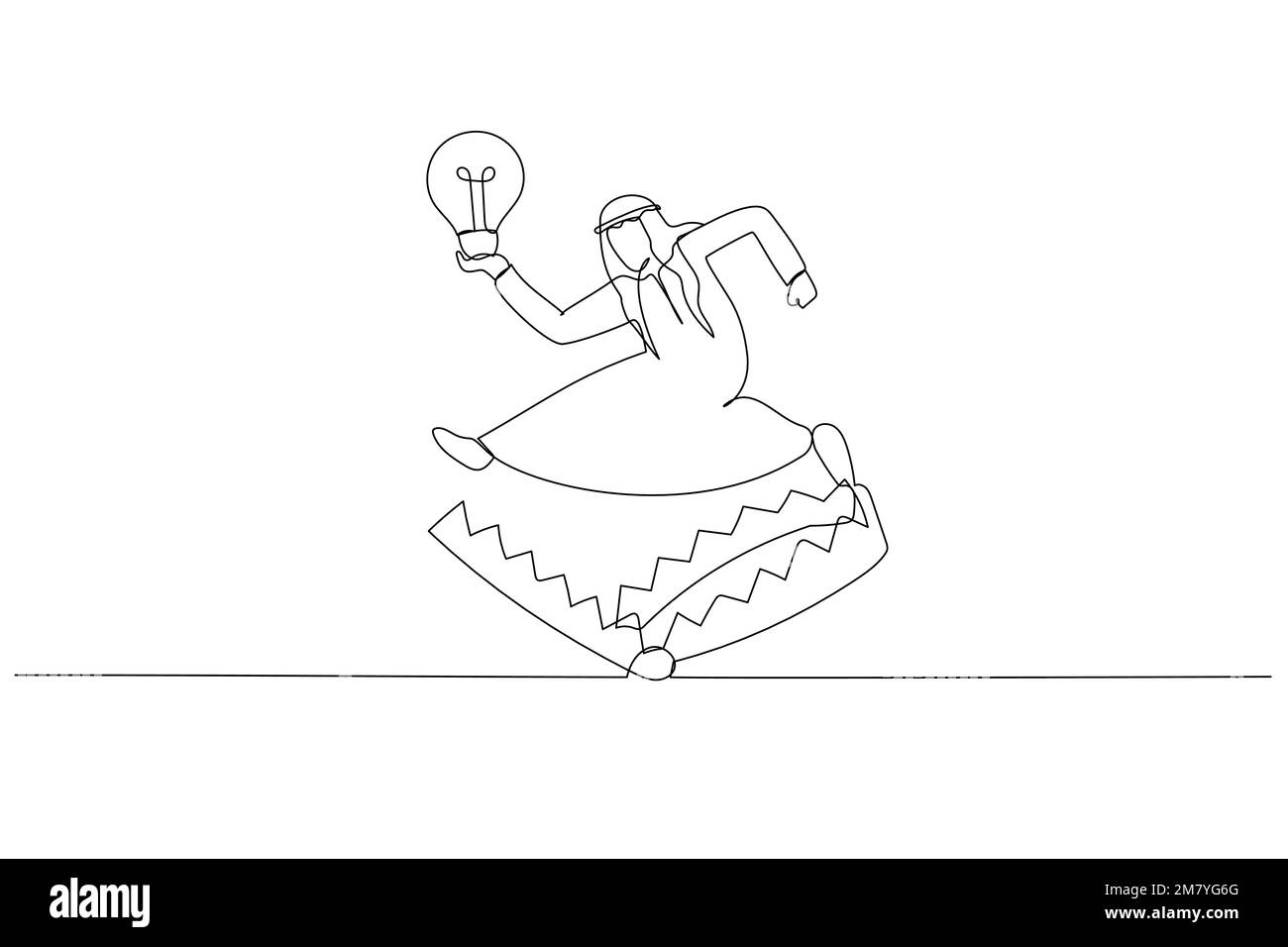 Disegno dell'uomo arabo eviti la trappola con la lampadina di buona idea di affari. Design a linea continua singola Illustrazione Vettoriale