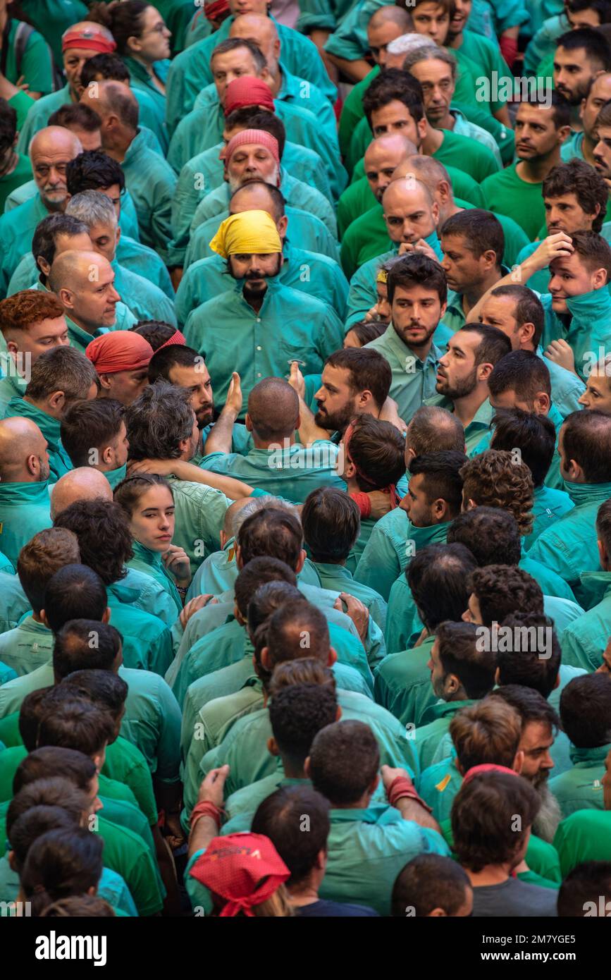 Concurs de Castells de Tarragona 2022 (concorso Castells di Tarragona). Concorso di domenica. Castellers de Vilafranca (Tarragona, Catalogna, Spagna) Foto Stock