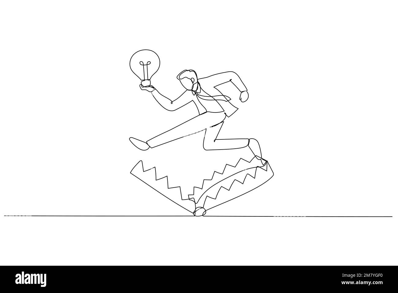 Cartone animato di uomo d'affari evitare trappola con buona idea di business lampadina. Un design in stile artistico a linea continua Illustrazione Vettoriale