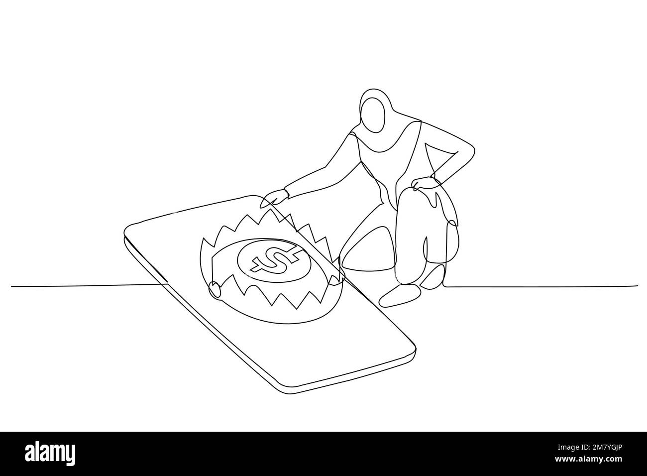 Cartone animato di donna d'affari musulmana vuole snatch moneta d'oro in mousetrap. Design di stile artistico a linea singola Illustrazione Vettoriale