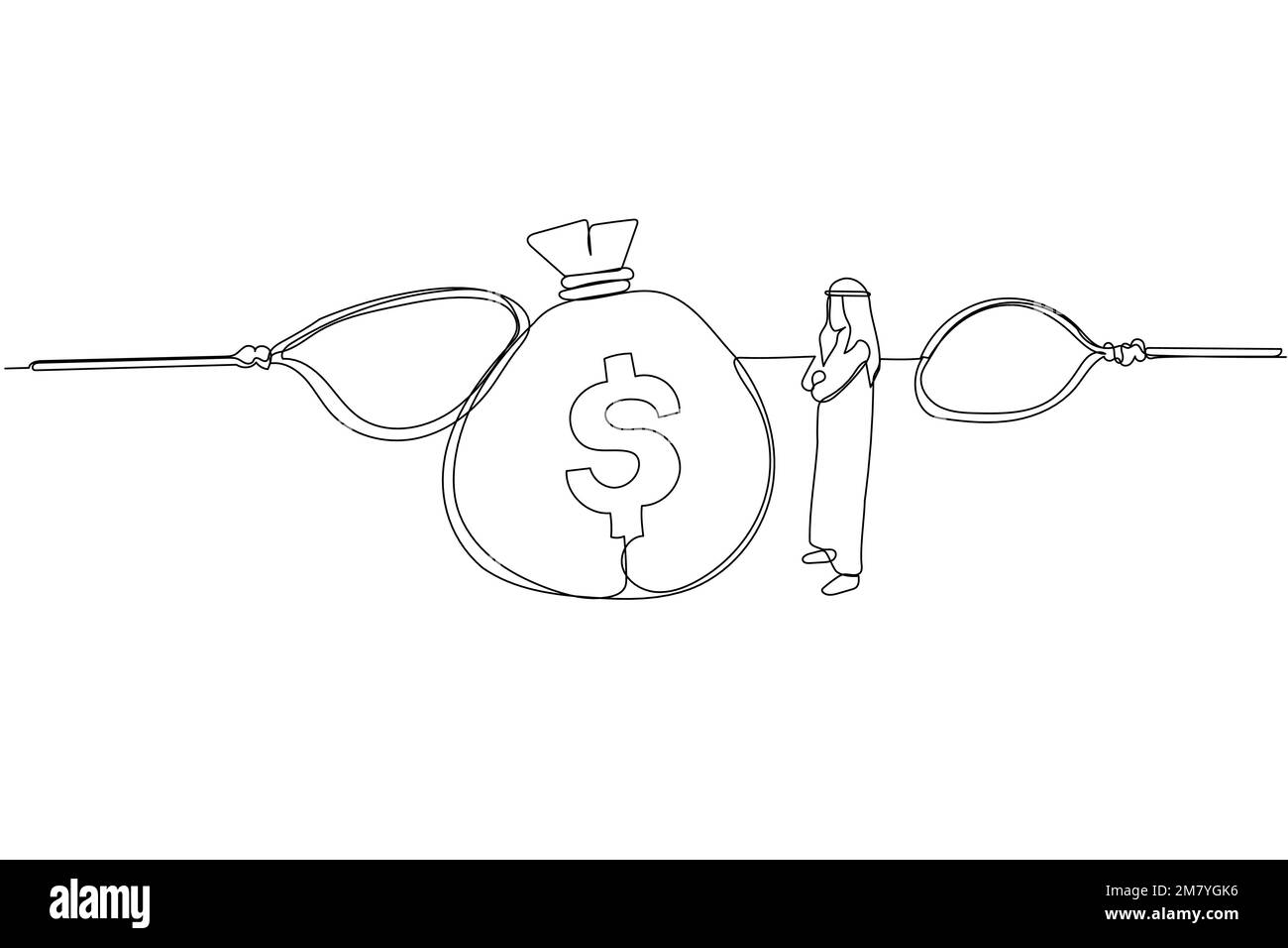 Illustrazione di un uomo arabo che guarda nel sacco di soldi grandi in piedi tra le trappole. Un design in stile artistico a linea continua Illustrazione Vettoriale
