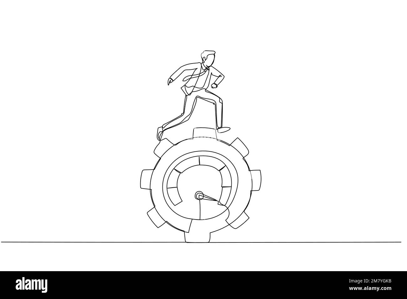 Disegno di un uomo d'affari che corre a ruota dentata metafora della produttività e della motivazione. Design a linea continua singola Illustrazione Vettoriale