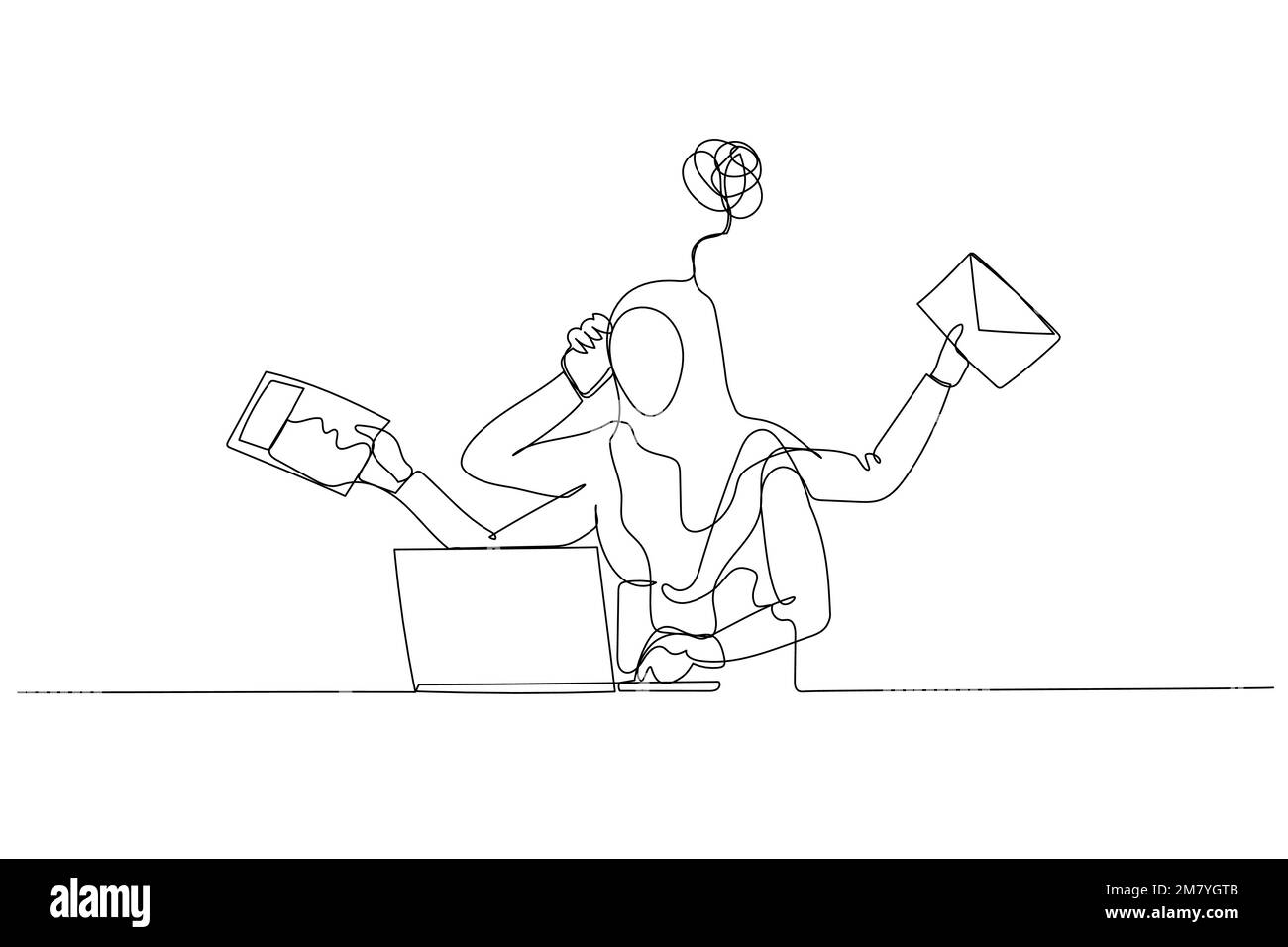 Illustrazione di donna musulmana vertigini stressato a causa del lavoro quotidiano ricevere e-mail di invio carta. Design di stile artistico a linea continua Illustrazione Vettoriale