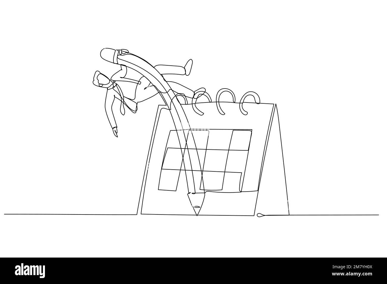 Cartone animato di un uomo d'affari utilizzando la matita pole volta salto sul calendario concetto di lavoro flessibile. Design di stile artistico a linea singola Illustrazione Vettoriale