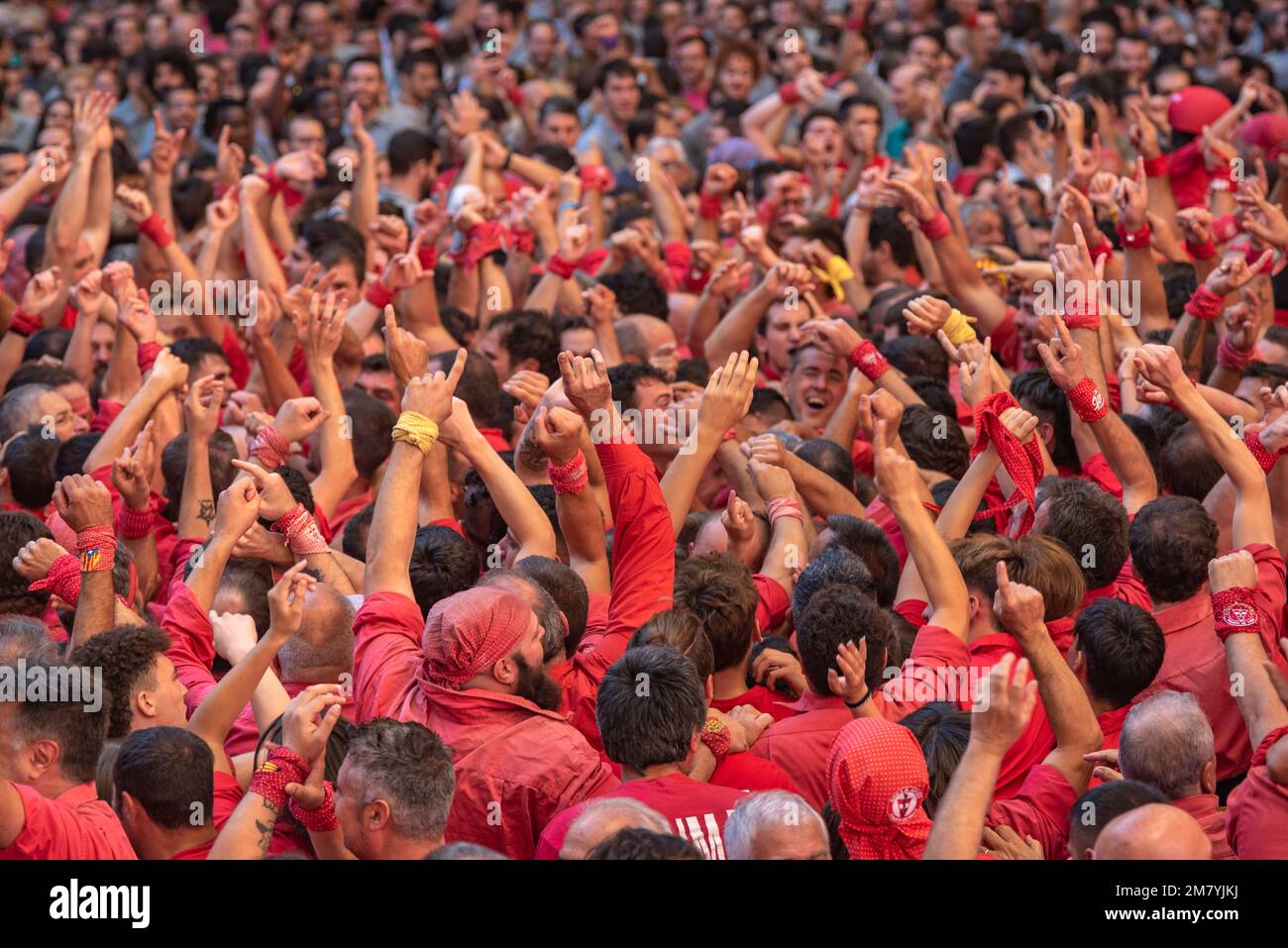 Concurs de Castells de Tarragona 2022 (concorso Castells di Tarragona). Concorso di domenica. Colle Jove dels Xiquets de Valls (Tarragona, Catalogna, Spagna) Foto Stock