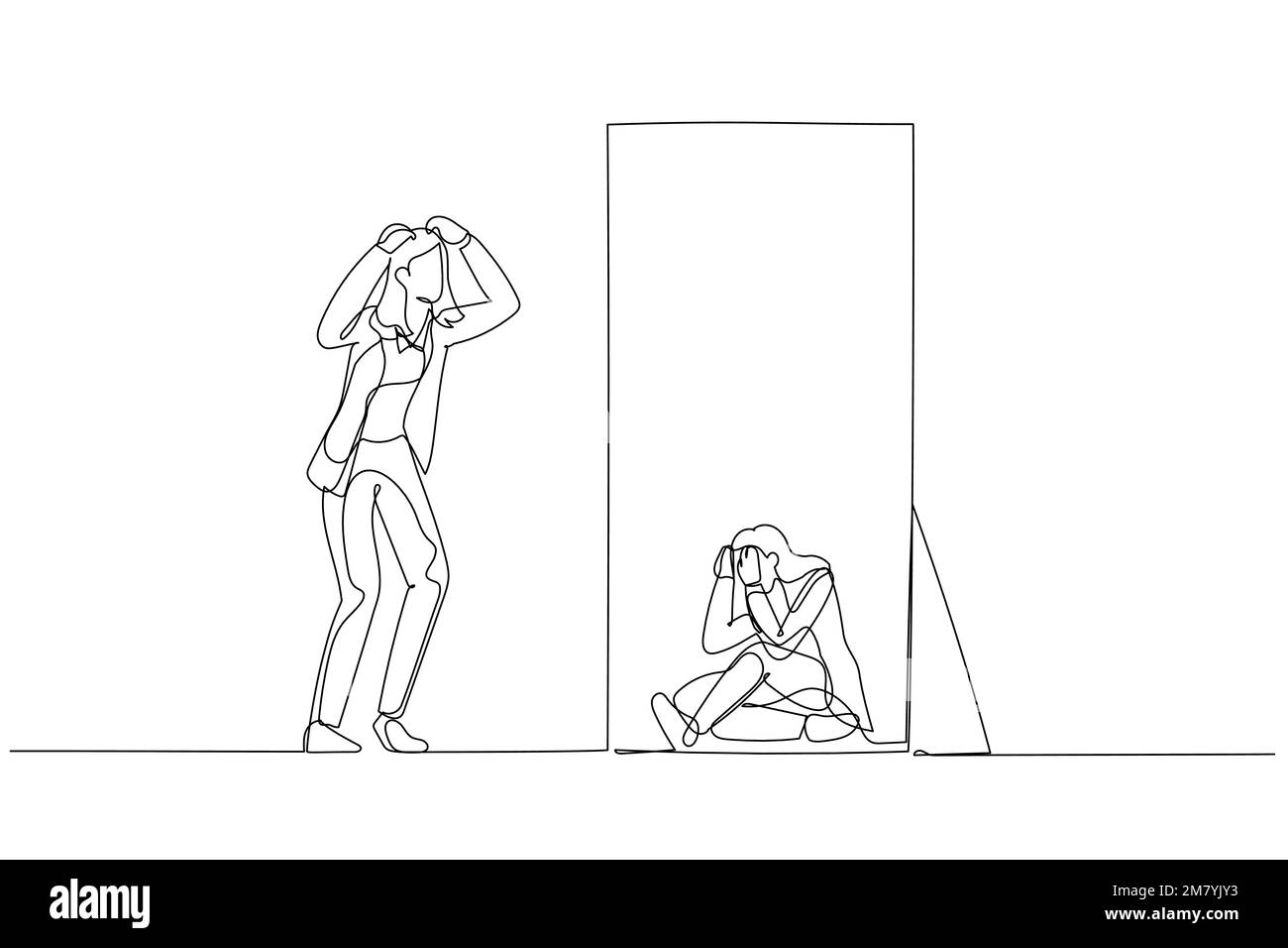 Cartone animato di affari donna panico guardare in specchio vedendo sé depresso. Design di stile artistico a linea singola Illustrazione Vettoriale