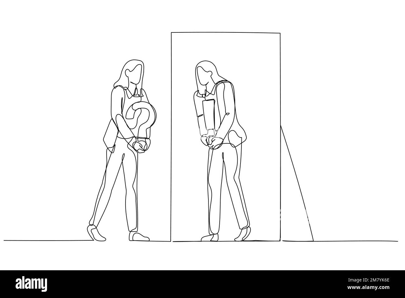 Disegno della donna d'affari che si chiede e ottiene la risposta dopo contemplare. Design artistico di una linea Illustrazione Vettoriale
