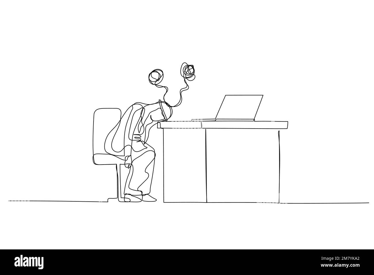 Illustrazione di un uomo arabo stanco stanco stendere la testa in sedia cercando la gomma e lo stress. Design in stile artistico a una linea Illustrazione Vettoriale