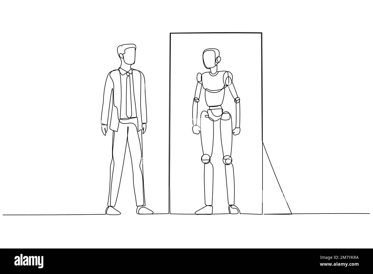 Illustrazione di un uomo d'affari che guarda nello specchio e vede la versione robot del concetto di sé dell'intelligenza artificiale. Design di stile artistico a linea singola Illustrazione Vettoriale