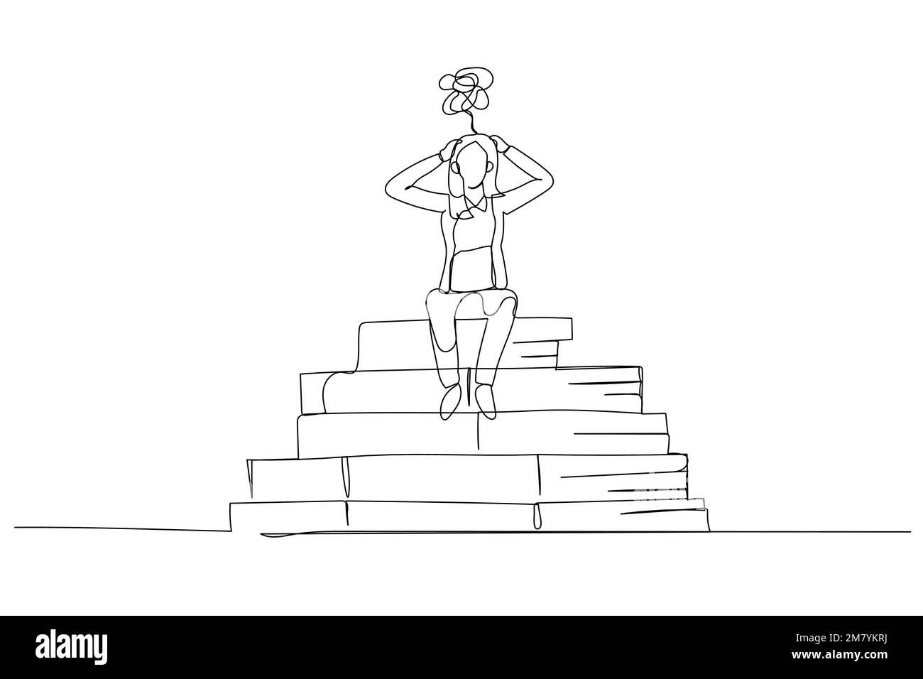 Cartone animato di donna d'affari sottolineato a causa della carta. Design di stile artistico a linea singola Illustrazione Vettoriale