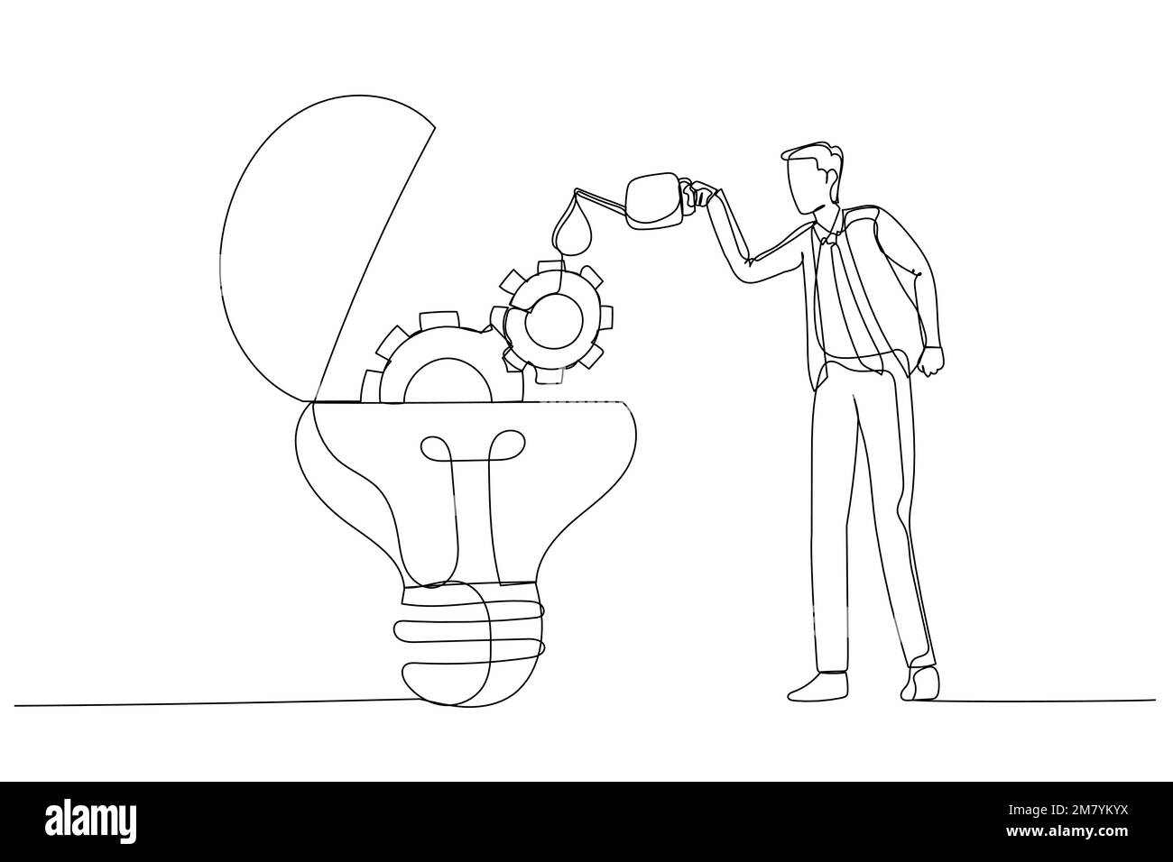 Illustrazione di un uomo d'affari che fa cadere il lubrificante dell'olio nella lampadina di idea con gli ingranaggi meccanici. Design di stile artistico a linea singola Illustrazione Vettoriale