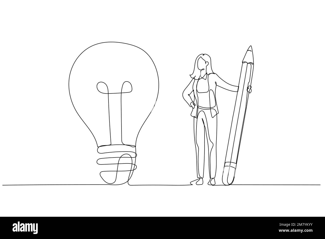 Cartoon di businesswoman utilizzare la matita per collegare i punti e creare l'idea lampadina concetto di business comprensione. Design di stile artistico a linea singola Illustrazione Vettoriale