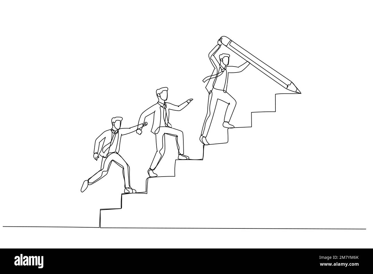 Illustrazione di un uomo d'affari disegnare scala con matita per guidare la squadra a piedi su leader guida il concetto di crescita della squadra. Design di stile artistico a linea singola Illustrazione Vettoriale