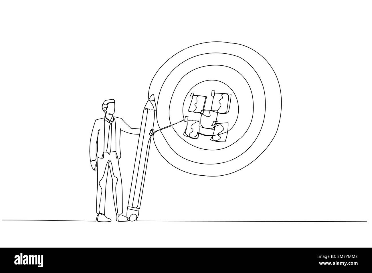 Cartone animato di businessman scrivere obiettivo su note e mettere su grande dartboard concetto di impostazione di obiettivo. Design in stile artistico a una linea Illustrazione Vettoriale