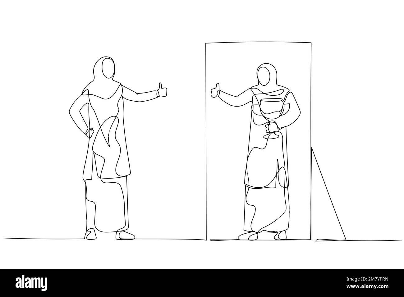 Cartone animato di donna indossare hijab guardando in specchio auto dando pollice su concetto di amore di sé. Design di stile artistico a linea singola Illustrazione Vettoriale