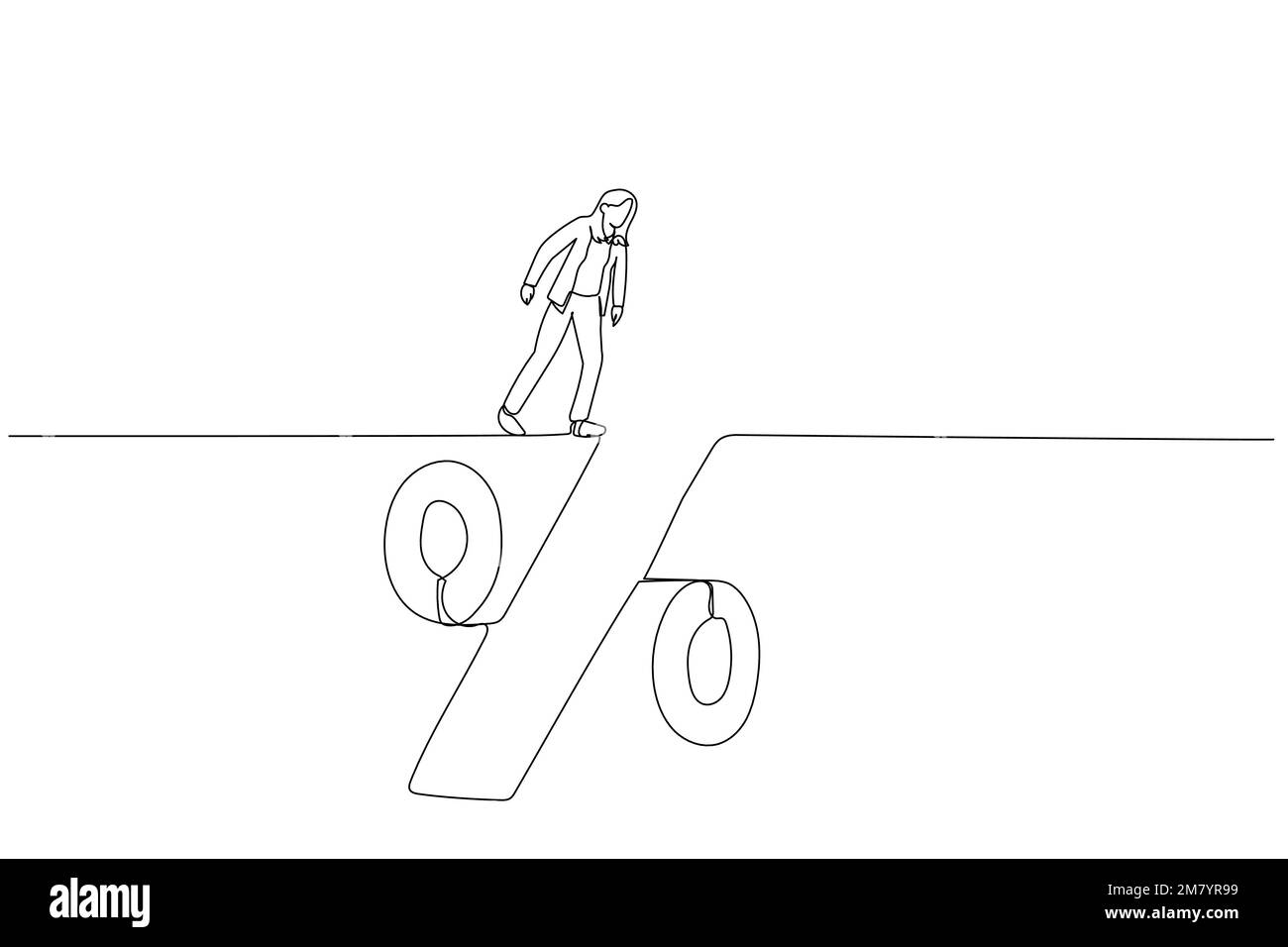 Disegno della donna di affari che osserva nel foro profondo della presa di debito di percentuale di prestito di interesse. Design in stile artistico a una linea Illustrazione Vettoriale