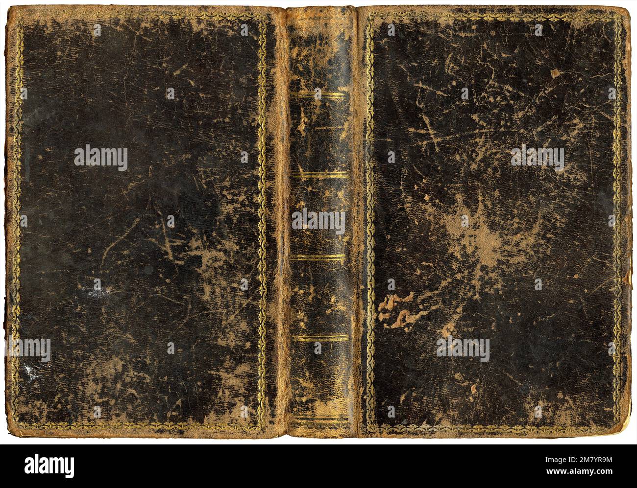 Antico libro aperto con copertina in pelle grunga ruvida e decorazioni astratte in rilievo dorate, circa 1865 Foto Stock