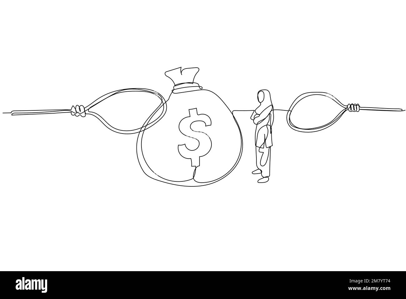 Cartone animato di donna musulmana di affari che guarda in grande borsa di soldi in piedi tra la trappola. Design a linea continua singola Illustrazione Vettoriale