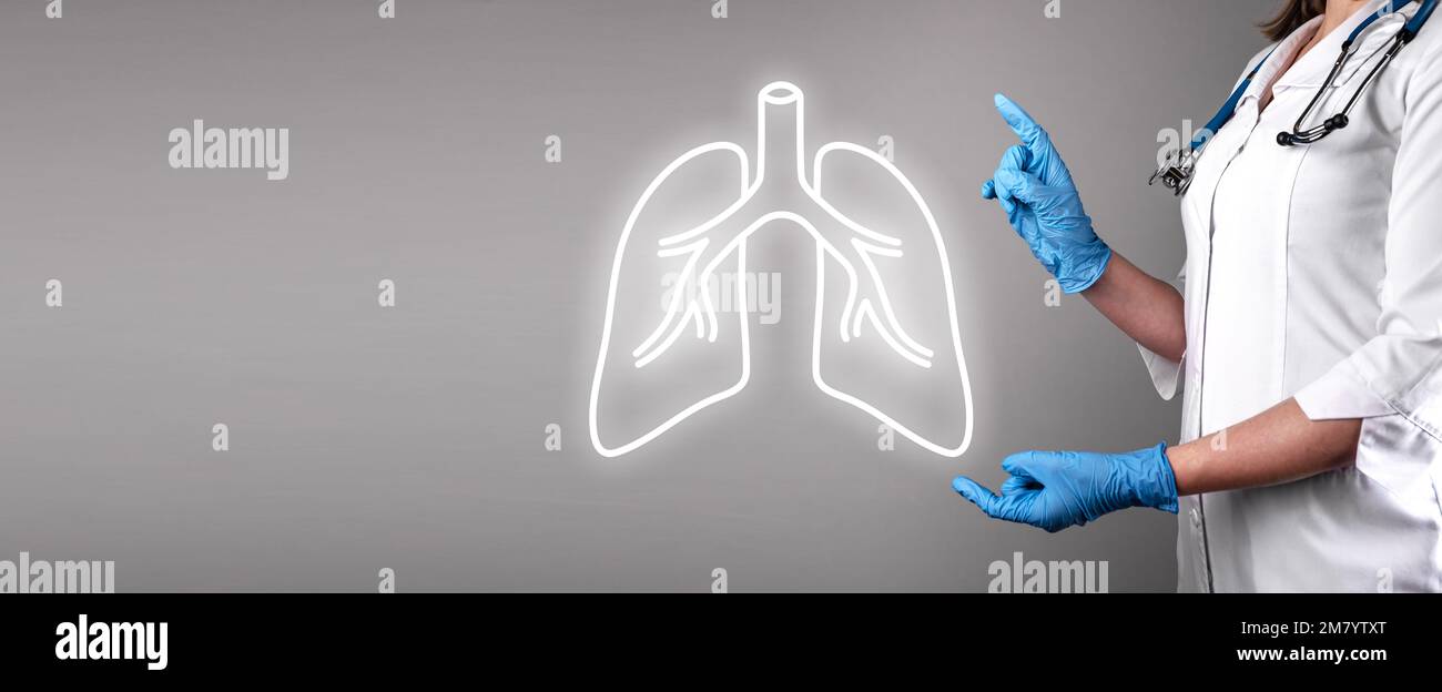Salute polmonare, concetto di pulmonologia. Banner medico per il controllo degli organi respiratori. Foto di alta qualità Foto Stock