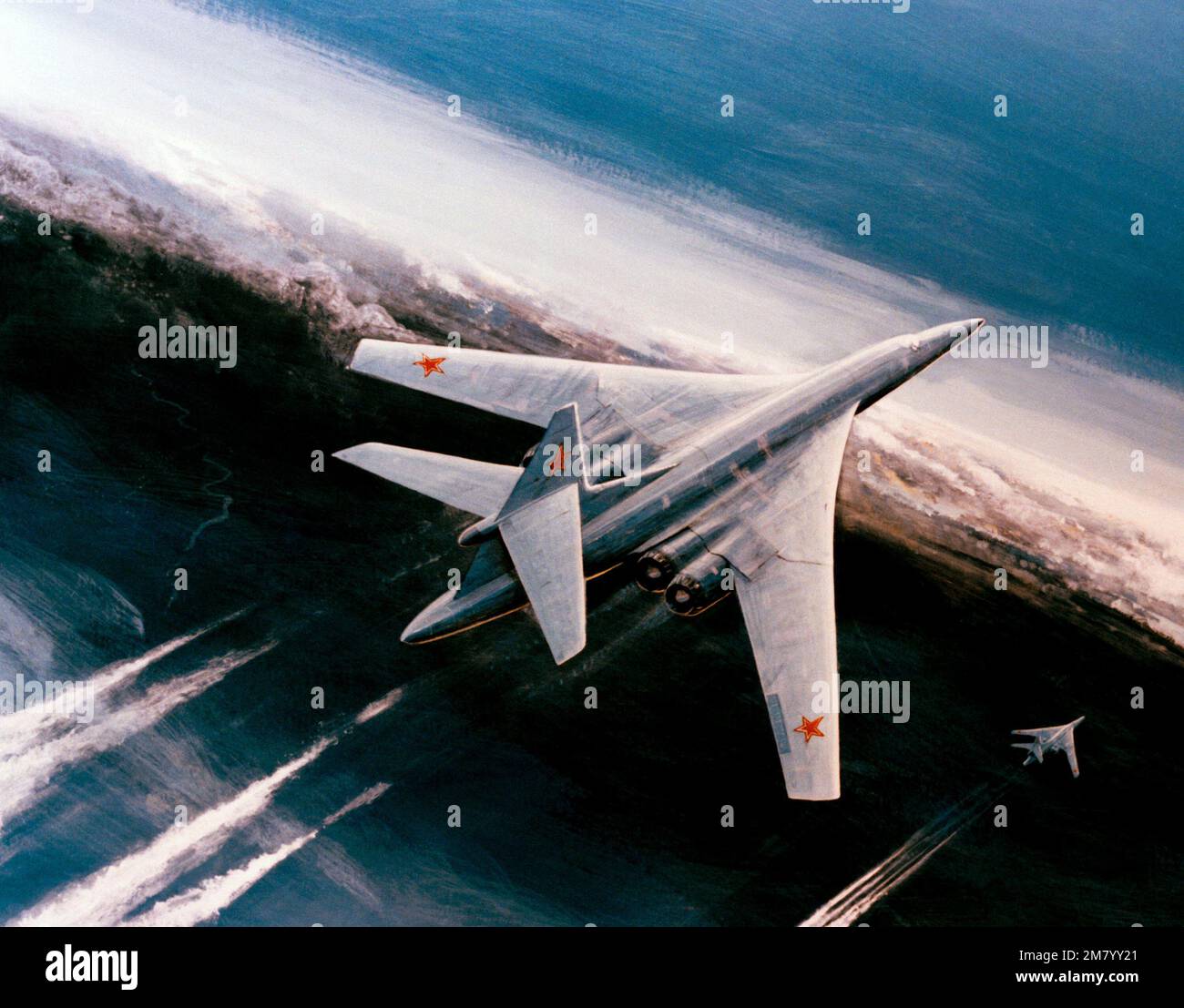 Il concetto dell'artista di due aerei bombardieri sovietici Blackjack ad ala di oscillazione. 'Potere militare sovietico,' 1983, pagine 12-13. Paese: Sconosciuto Foto Stock
