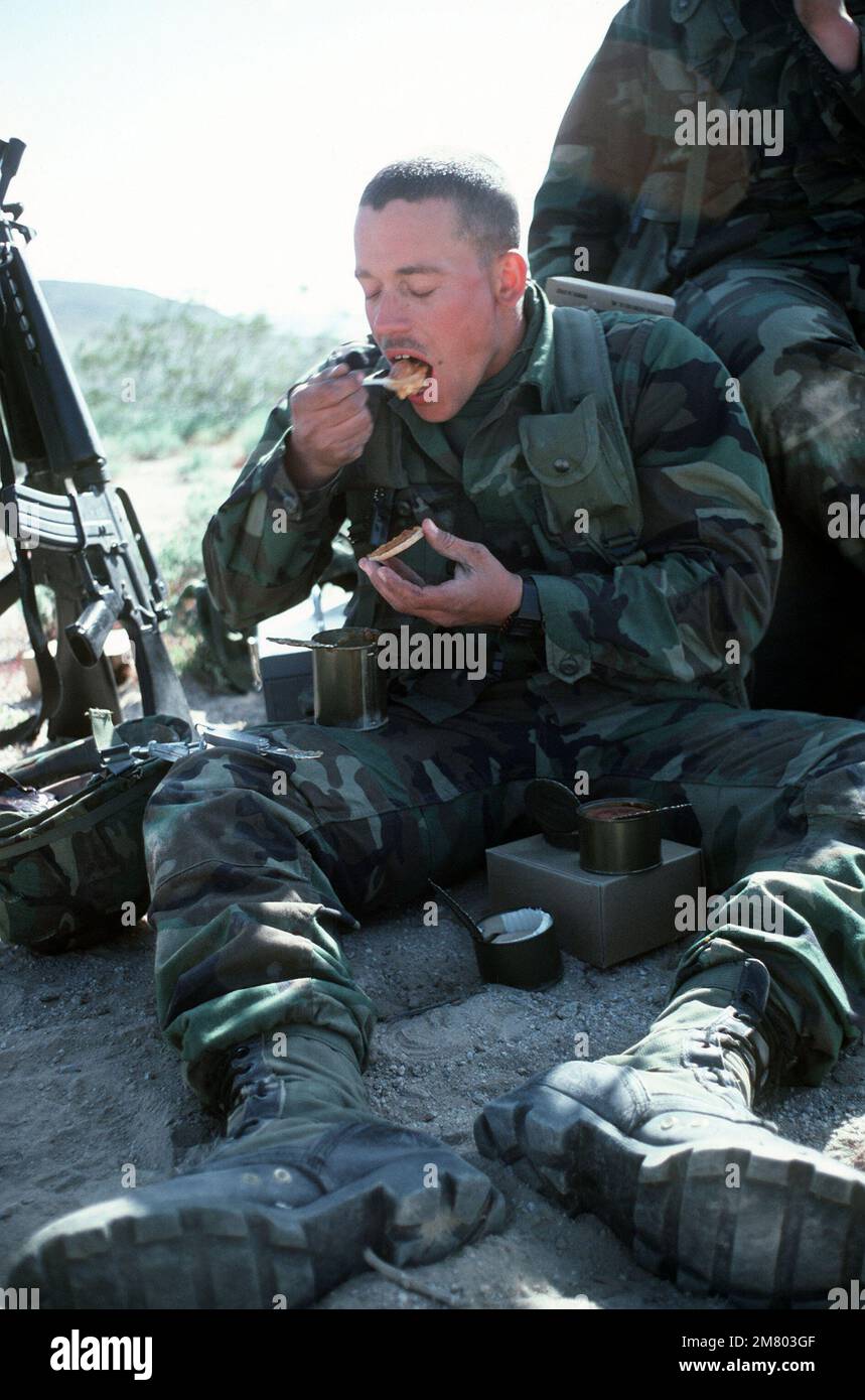 Un aviatore prende il tempo fuori per cenare sulle razioni di campo durante l'esercitazione DELLA PROTEZIONE DELLA CORONA. Soggetto operativo/Serie: CROWN DEFENDER base: Fort Irwin Stato: California (CA) Paese: Stati Uniti d'America (USA) Foto Stock
