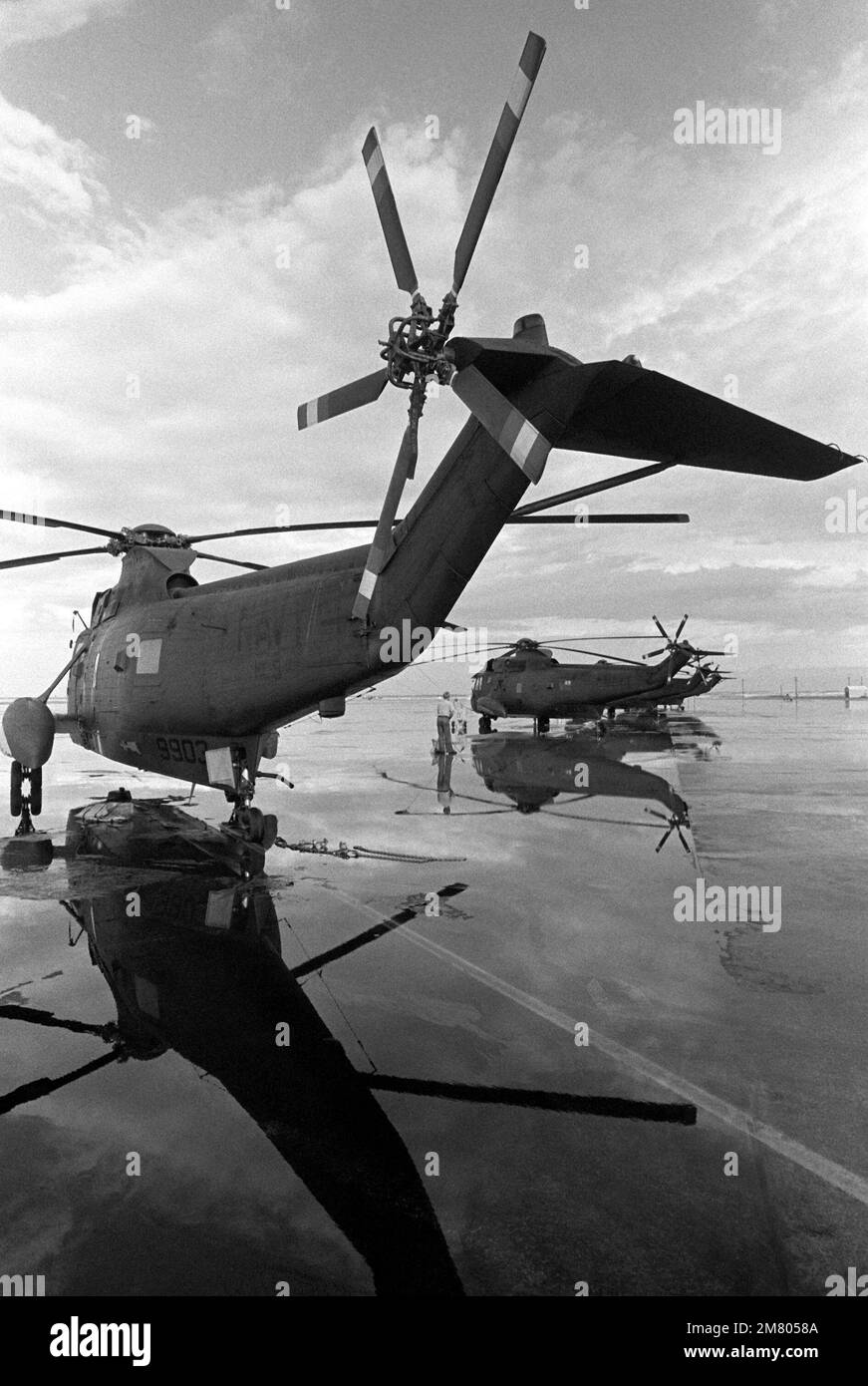Diversi US Navy (USN) Sikorsky SH-3 Sea King Helicopters si siedono parcheggiati sulla linea di volo in attesa della prossima missione in un esercizio di ricerca e salvataggio (SAR) di combattimento presso la base aeronautica di Mountain Home (AFB), Idaho (ID). Base: Mountain Home Air Force base Stato: Idaho (ID) Paese: Stati Uniti d'America (USA) Foto Stock