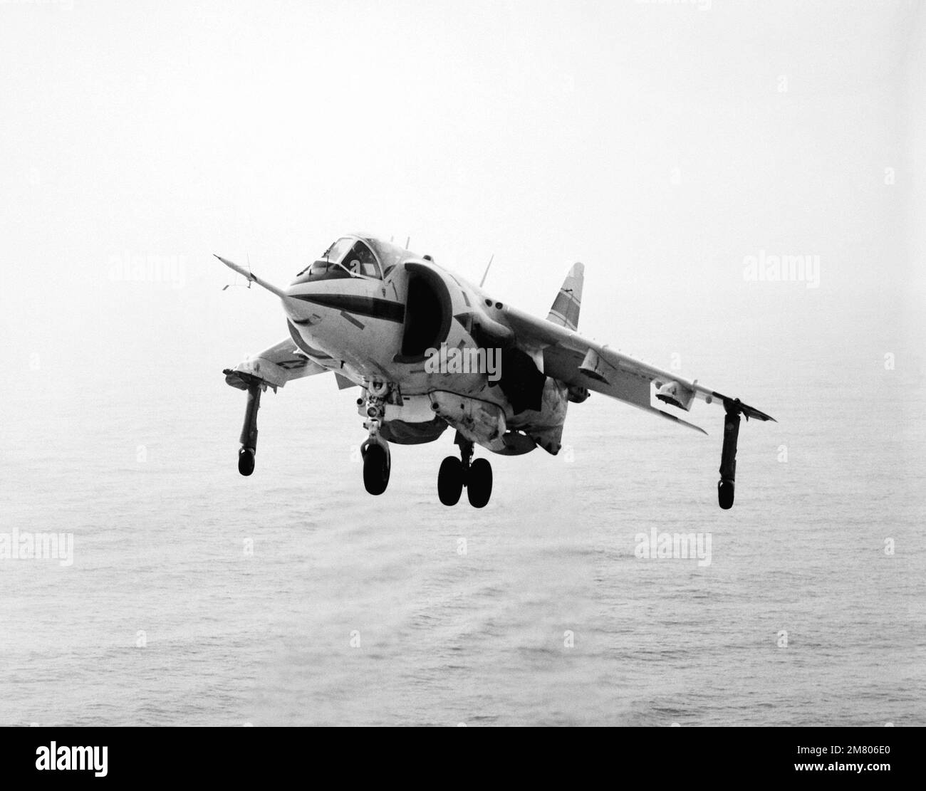 Vista frontale sinistra di un aeromobile AV-8C Harrier verticale/a decollo e atterraggio corto (V/STOL). La Harrier, prodotta da McDonnell-Douglas, Inc., è sottoposta a un programma di test e valutazione. Paese: Sconosciuto Foto Stock