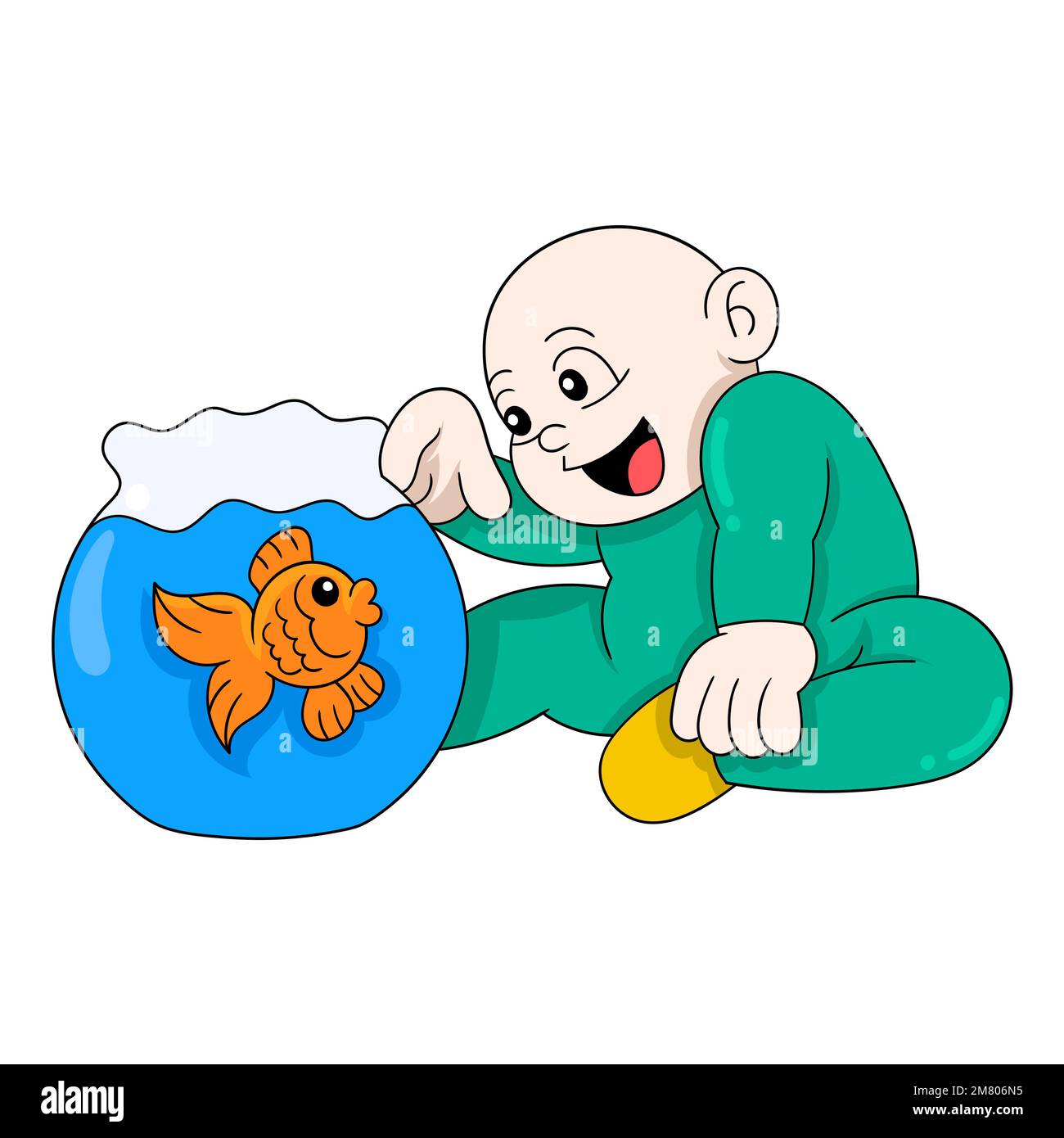 il bambino è seduto a giocare con il pesce d'oro in acquario. disegno vettoriale Illustrazione Vettoriale